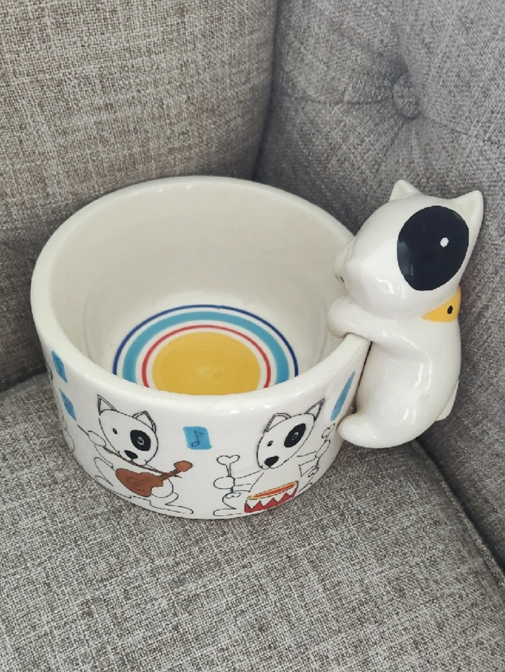 Colorful Ceramic Dog Bowl with Dog Graphics And Colorful Circles Interior